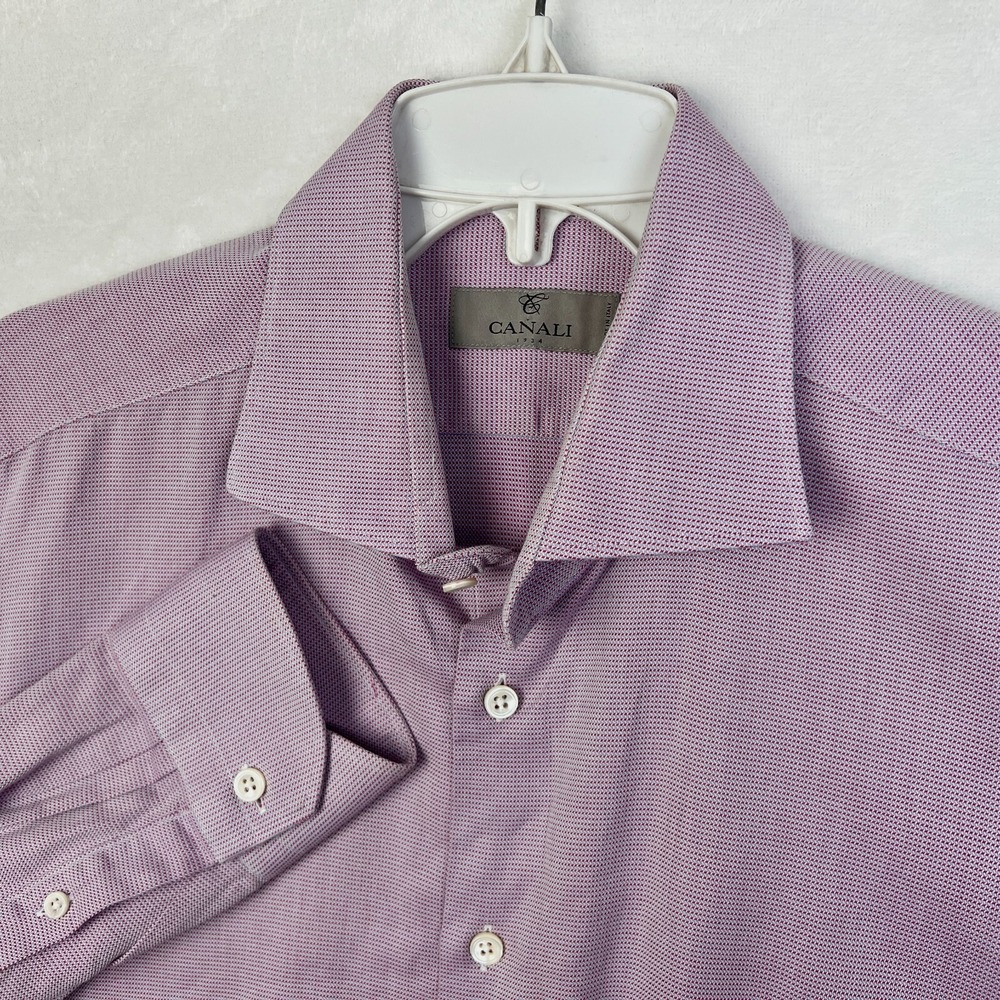 Canali Button Up Dress Shirt Mens 16 41 Purple Long Sleeve Houndstooth Italy